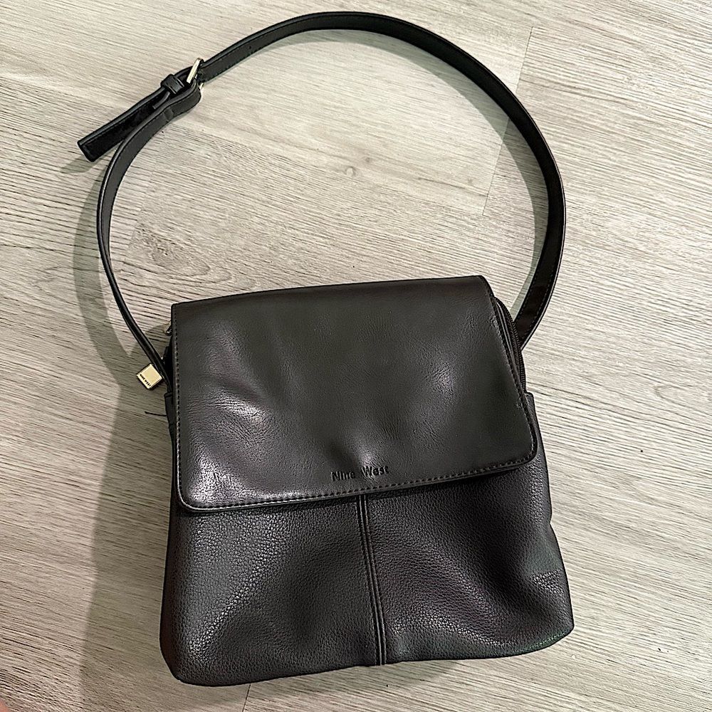 Nine West Vintage Black Vegan Leather Square Flap Front Shoulder Bag Purse